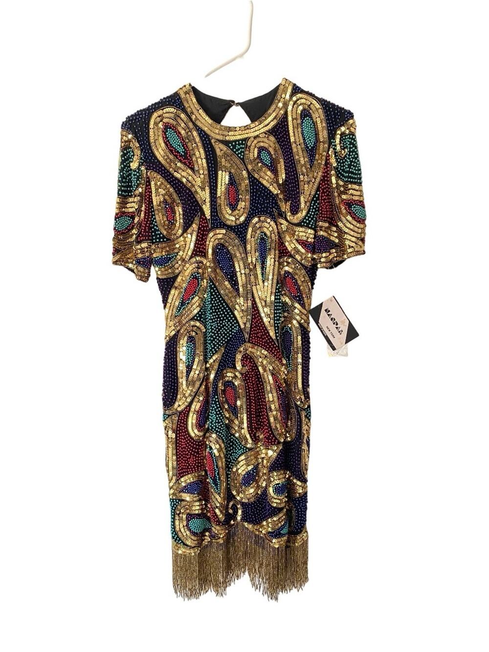 Vintage Nagpal New York Sequin Beaded Tassel Dress Gold Blue Red Green small